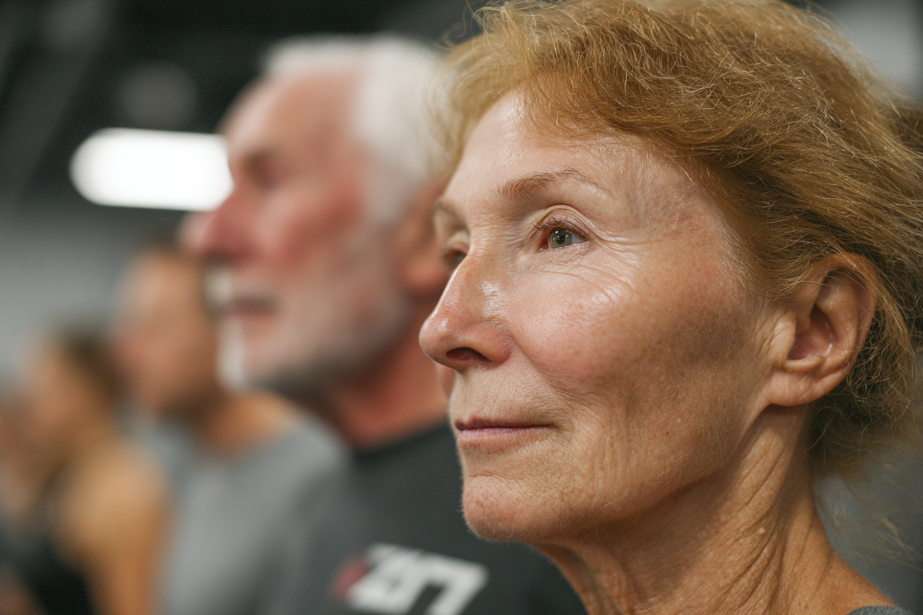 Persoane în vârstă practicând yoga în parc, radiind fericire și echilibru